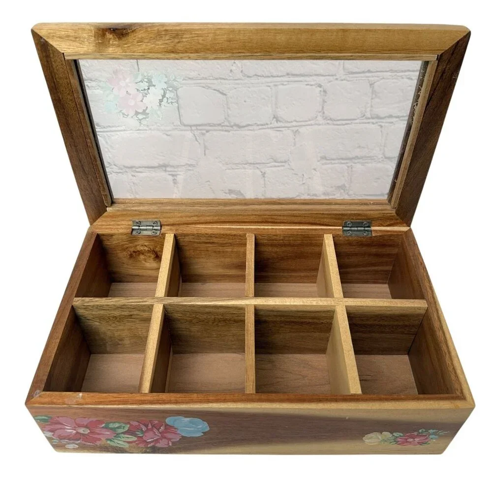 THE PIONEER WOMAN Wooden Tea Box Organizer Country Vintage Floral 8 Compartments - Picture 2 of 16